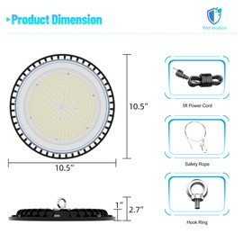 SumKea LED High Bay Lights, 150W Dimmable UFO Style, 6500K Color Temp, IP65 Rated for Wet Locations, Commercial Warehouse Lighting 2 Pack, US Plug for Warehouse, Garage, Shops, Black White