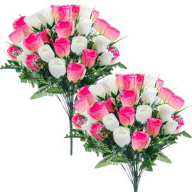 XunYee 2 Pack Artificial Cemetery Flowers with Vase 48 Heads Thanksgiving Memorial Flower Grave Fake Silk Rose Bouquet Faux Flower Arrangement for Graveside Headstone Tombstone(White and Pink)