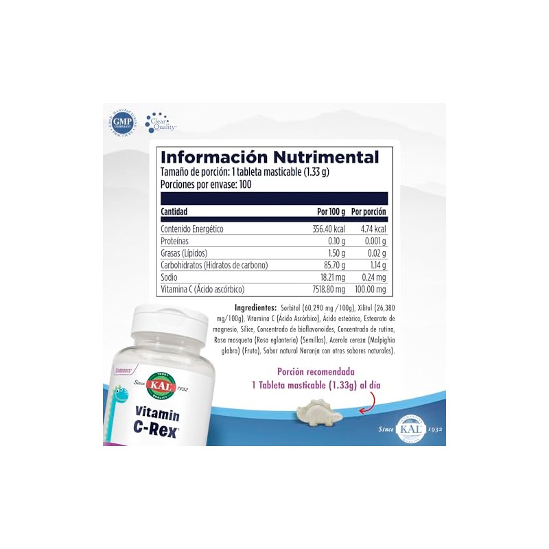 Kal Vitamin Rex Vitamina Niños 100 Tabletas Masticables Glucosa Endulzado