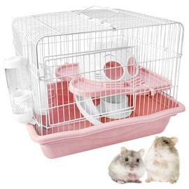PINVNBY Dwarf Hamster Cage, Small Animal Cages, 2-Tier Travel Portable Mouse Cage Hamster Carrier with Castle House Running Exercise Wheels, Water Bottle and Food Dis（Pink）