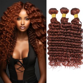 Copper Red Brown Loose Deep Curly Weave Bundles Human Hair Reddish Brown Bundles #33 Human Hair Deep Wave Bundles Double Weft Remy Hair Extensions Wet and Wavy Bundles Silky and Soft 10 12 14 inch