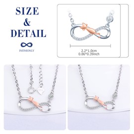 INFINIONLY Women's girl's Necklace Pendant, 925 sterling silver necklace, Cute rose gold cat jumping on the silver infinity symbol pendant, Double color plating process, Inlaid shiny zircon