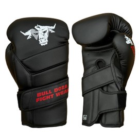Pair of Bull Doza 14oz Boxing Gloves Built-In Wrist Support with the Double Cuff - Durable Matte Black Sparring Gloves for Training, Bag Work, Large Padded Mitts