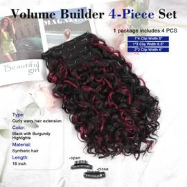 18 Inch Curly Clip in Hair Extensions,QGZ 4PCS Synthetic Hair Blend Seamless Extensions for Women,Soft Natural Lace Weft Wave Extensions for Daily & Party (Black with Burgundy Highlights)