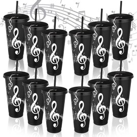 Skylety 12 Sets Music Themed Gifts Musical Note Tumbler Cups Bulk 24 oz Reusable Musical Note Plastic Tumbler with Straw and Lid Musical Note KeyChain Gifts for Music Lover Musical Party Favor