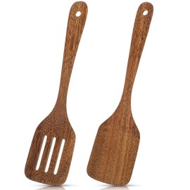 2Pcs Wooden Spatula for Non Stick Cookware 12'' Wood Utensil Set for Cooking Long Handle Flat Frying Inclined Spatula Paddle Turner Nonstick Slotted spatula for Fish Egg Pancake Kitchen Frying Cooking