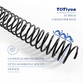TOTiyea 100 Pack Plastic Spiral Binding Coils,16mm(5/8") Binding Spirals,140 Sheet Capacity,4:1 Pitch, Black