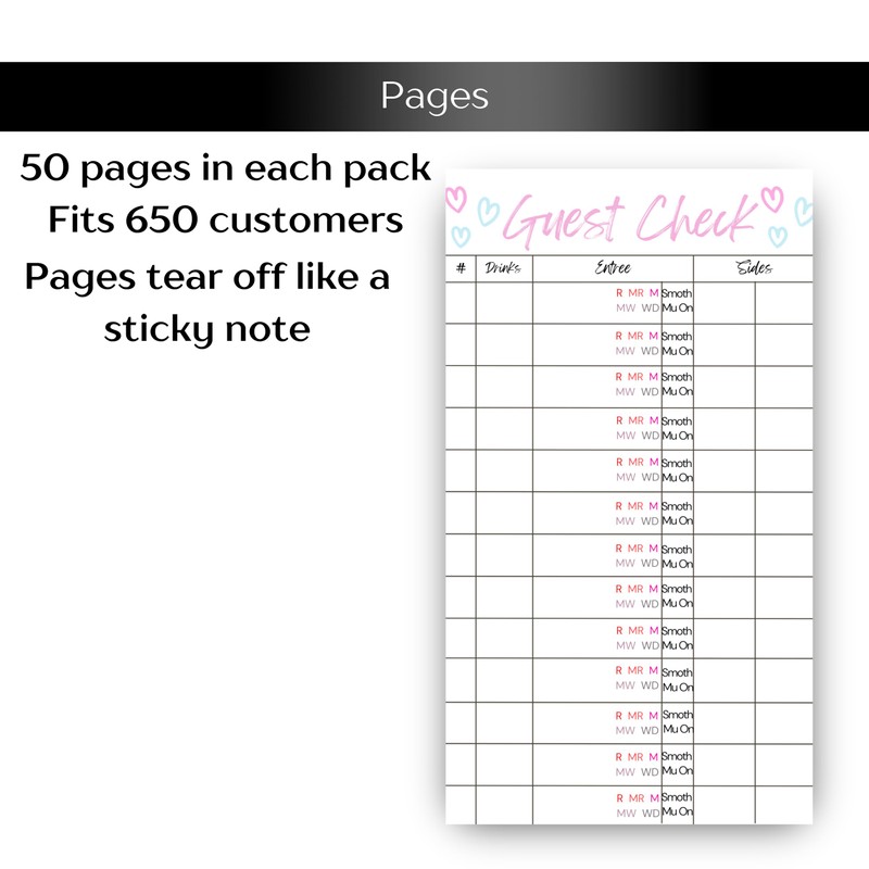 Guest Check Server Notepad with Steak Temperatures and Smothers, Waitress