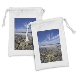 Ambesonne Massachusetts Fabric Pouch Set of 2, Plum Island Beach with Sand and Rocks at Low Tide Atlantic Ocean Nautical, Small Drawstring Bag for Toiletries Masks and Favors, 9" x 6", Multicolor