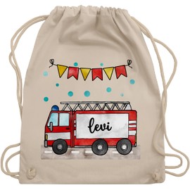 Geschenk mit Namen personalisiert by Shirtracer - Gym Bag Backpack - Fire Engine Motif I Gift Fire Brigade I Fire Train I Ladder Trolley Fire Brigade, 10 natural white, Unit size