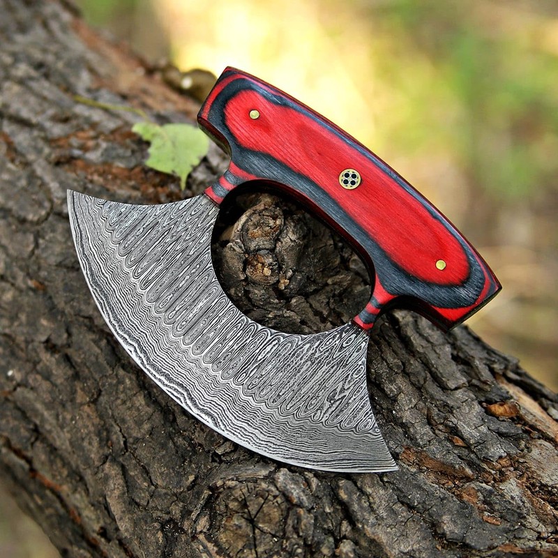 ZN CRAFTS Handcrafted Damascus Steel Alaskan Ulu Knife wisth Leather