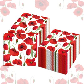 120Pcs Poppy Floral Paper Napkins Happy Poppy Floral Day Disposable Paper Napkins Poppy Floral Luncheon Napkins for Poppy Floral Festival Dinner Party,6.5 * 6.5 Inch 6