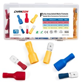 Chanzon 140pcs UL Listed 6.3mm Male & Female Spade Connector Quick Disconnect Kit Semi-Insulated PVC- Red Blue Yellow - 22-10 awg Gauge Wire Crimp Terminal Electrical Assorted 6.3 x 0.8 mm