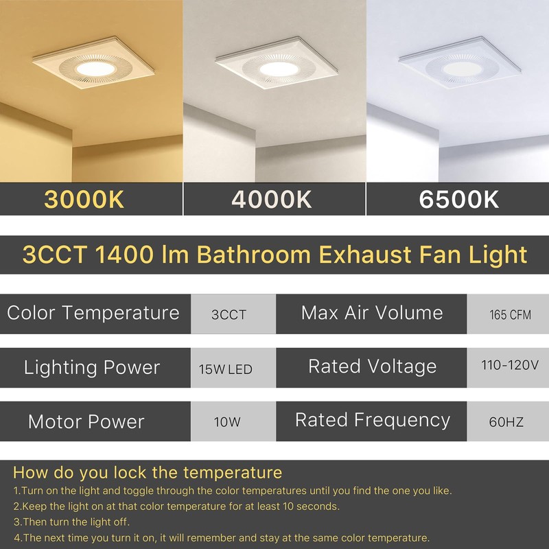 Bathroom 11.8IN Exhaust Fan with Light 165CFM 3CCT Shower Bathroom