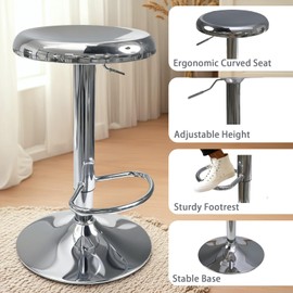 KBISHTIE Adjustable Bar Stools Set of 2, Backless Swivel Round Counter & Bar Height Chairs, Modern Chrome Metal Frame Barstools for Kitchen Island, Dining Room, Home Bar, Chrome