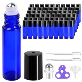 PrettyCare 60 Pack, Bulk 10 ml Essential Oil Roller Bottles with Stainless Steel Roller Ball - Bulk Refillable Leak-proof Empty Thick Blue Glass Roll on Bottles with Black Caps for Travel, Perfume