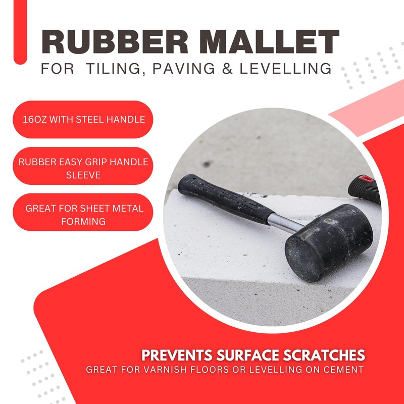 16oz Rubber Mallet with Steel Shaft - Heavy Duty Hand