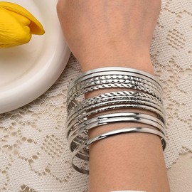 Bohemian Bracelets for Women Indian Bangles for Women Layered Round Bracelet for Women Girls Silver Bangle Bracelets for Women Indian Stackable Textured Bracelets for Womens 12 Pcs Smooth Bracelet