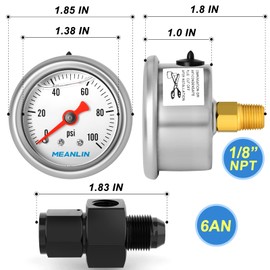 MEANLIN MEASURE 0-100Psi Stainless Steel Glycerin Filled Pressure Gauge 1/8" NPT 1.5" FACE DIAL, with 6AN Pressure Take Off Fitting, Liquid Filled Pressure Gauge WOG Water Oil Air Back Mount