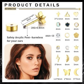Kakonia 21 Pairs Small Tiny Stud Earrings for Women Men Stainless Steel Stud Earrings Sets CZ Heart Moon Star Flatback Earrings Cartilage Hoop Earrings Gold Plated
