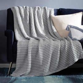 Bedsure Cotton Waffle Weave Blanket Twin Size for Bed - Grey Soft Lightweight Woven Blanket Twin, Viscose from Bamboo Blanket for All Seasons(66x90 inches)