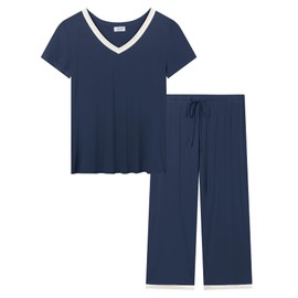 Amorbella Cool Pyjamas/PJs Set Women Bamboo Soft Jersey Knit Short Sleeve Capri Pants V-neck Moisture Wicking Sleepwear (Navy Blue, Large)