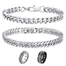 FCXQG Men's Silver Stainless Steel Bracelet, Men's Bracelet, Men's Stainless Steel Silver Bracelet, Men's Silver Curb Bracelet, Men's Silver Bracelet, Chain with 2 Rings, Stainless Steel