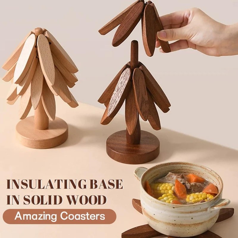 Wood Natural Tree Trivet Set, Christmas Tree Shape Trivets for