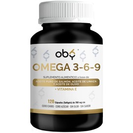 OBY Omega 3 + Vitamina E, Omega 6 y Omega 9. 120 Cápsulas Softgel. Aceites Puros de Salmón, Linaza y Olivo con DHA y EPA. Sin Metales Pesados. Suplemento Alimenticio Sin Sabor ni Olor