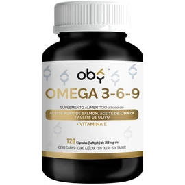 OBY Omega 3 + Vitamina E, Omega 6 y Omega 9. 120 Cápsulas Softgel. Aceites Puros de Salmón, Linaza y Olivo con DHA y EPA. Sin Metales Pesados. Suplemento Alimenticio Sin Sabor ni Olor