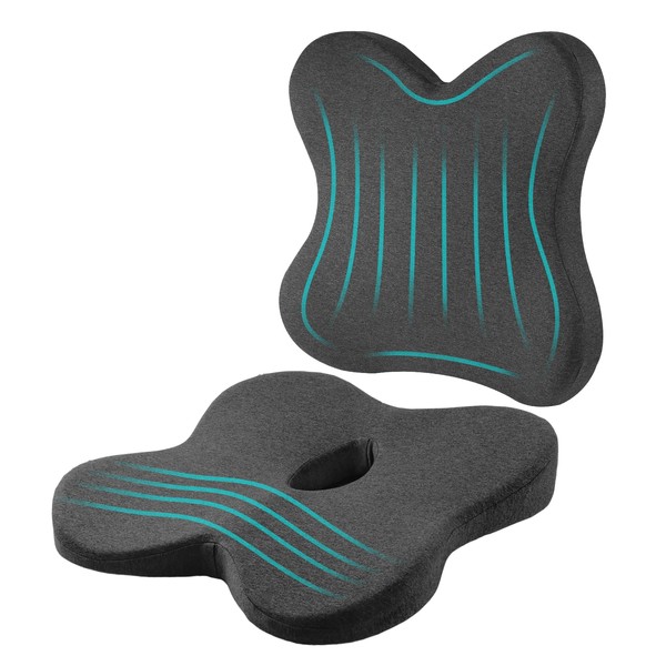 Eyamummo Coccyx Seat Cushion and Back Cushions Combo for Office Chair, Pure Memory Foam Ergonomic Seat Cushions and Orthopedic Lumbar Support Pillow for Tailbone, Lower Backache Sciatica Comfort