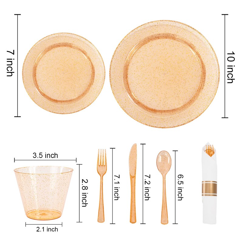 350PCS Orange Glitter Plastic Dinnerware Set for 50 Guests