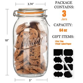 Anwoi Wide Mouth Mason Jars 64 oz 3 Pack Half Gallon Glass Jar with Airtight Lids, Large Mason Jar with Scale Mark Food Storage Canning Jars for Pickling Flour Sugar Pasta Oats Cereal