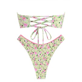 ZAFUL - Bikini sin tirantes para mujer, diseño de lazo, fruncido, corte alto, bandeau de corte alto, para mujer, 2-floral verde, M