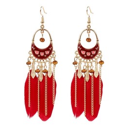 QLUYCKW Faux Feather Earrings Bohemian Handmade Colorful Long Feather Wood Bead Vintage Tassel Drop Dangle Earrings with Dream Catcher Design for Women (Red)