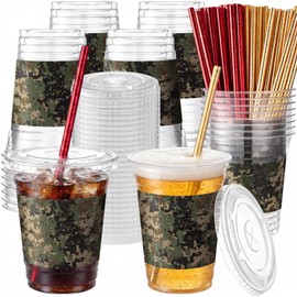 50 Pcs Party Plastic Cups with Lids and Straws, Camouflage