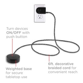 Cordinate Extension Cord with Switch On/Off Plug, 6 Ft Braided Power Cord Outlet Switch, 3 Prong, Slip Resistant Base, Tabletop or Wall Mount, Perfect for Lamps/Holiday Lights, Black, 48728