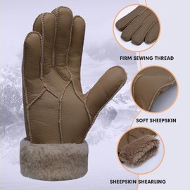 Women Leather Gloves Shearling Sheepskin Fur Lined Women Winter Gloves,Light Brown,XL