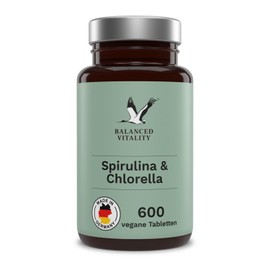 Spirulina and Chlorella 1600 mg - 600 Vegan Pellets for 2.5 Months - Microalgae without Additives - Laboratory Tested - Made in Germany Balanced Vitality