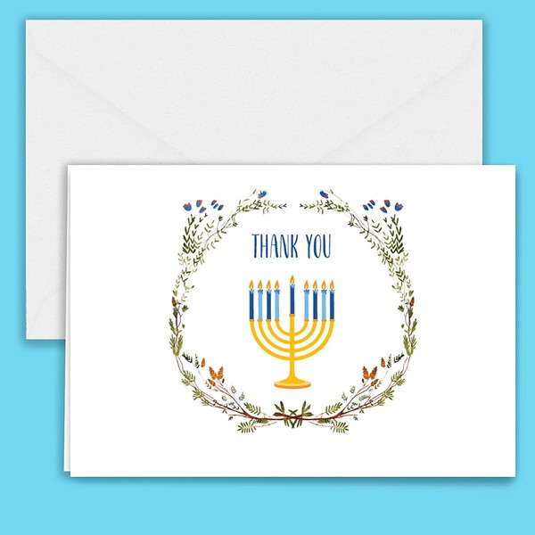 Paper Frenzy Menorah with Wreath Hanukah Thank You Note Cards and Envelopes - 25 pack, Menorah with Wreath Hannukah