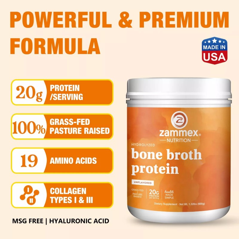 Zammex Grass Fed Bone Broth Powder - 1.32lb,20g Protein Hydrolyzed