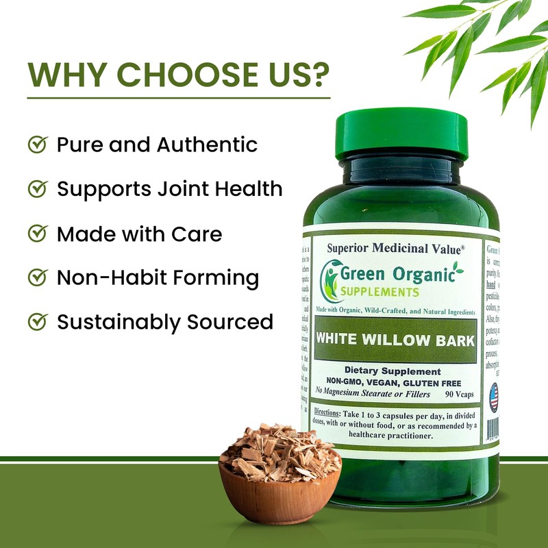 Green Organic Supplements White Willow Bark, 180 Vcaps, High Absorbable,