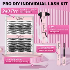DIY Eyelash Extension Set, 240 Pieces, Eyelash Clusters, D Curl Eyelash Extension Set, Individual Eyelashes with Eyelash Glue and Seal Applicator Remover, Easy to Use at Home (30D + 40D-8-16 Mix Kit)
