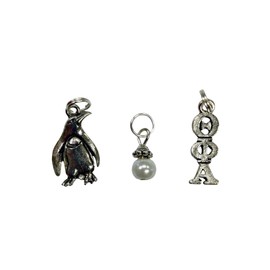 Sorority Greek Theta Phi Alpha Essential Trio of Charms - lavaliere, penguin mascot charm, white glass pearl dangle