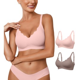 Womens Seamless Bras No Underwire Wireless Push Up Full Coverage Bra Scalloped V Neck T-Shirt Bra Comfort Bralettes(2P2,M)