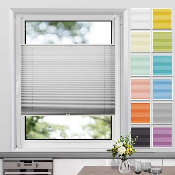 Klemmfix Pleated Blind, No Drilling Required, Light Grey 60 x 120 cm (W x H), Folding Roller Blind with Clamping Support, Blinds for Windows and Doors, Privacy Screen and Sun Protection