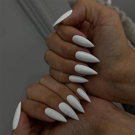 Long Press on Nails, Almond Press on Nails Tip Fake Nails, Solid Colour False Nails with White Gloss Press ons Designs Acrylic Nails Press on Artificial Nails Stick on Nails For Women 24Pcs