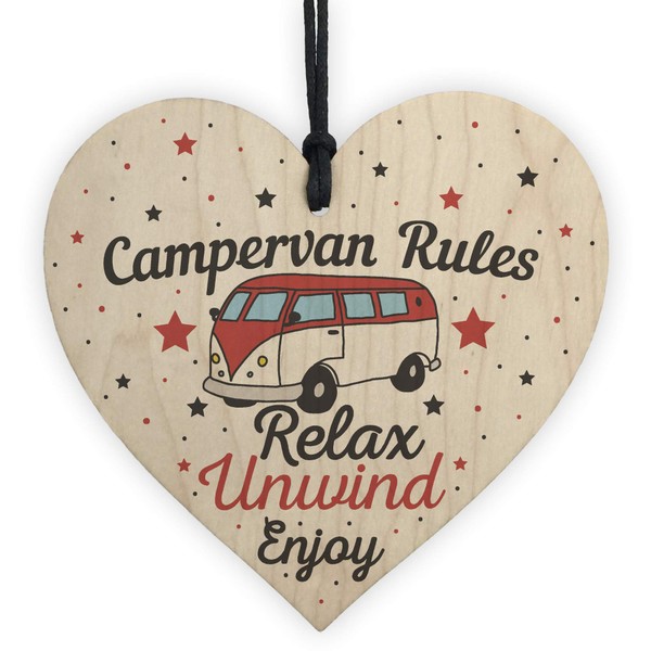 RED OCEAN Hanging Funny Campervan Rules Sign Novelty Wooden Heart Plaque Welcome Sign Retirement Friend Gift