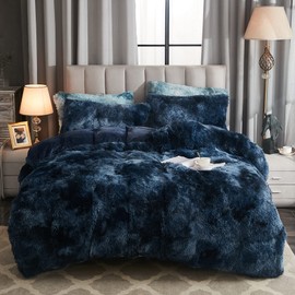WERDIM Shaggy Fluffy Faux Fur Duvet Cover Set Button Closure Velvety Bedding Set Comforter Cover with Pillowcases Tie Dye Navy Blue, Queen Size