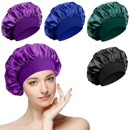 4 Pcs Sombrero de Satén para Dormir,Gorro Rizado Ajustable | Gorro para Dormir Gorro de Satén para Ducha para Hombre y Mujer con Banda Elástica Ancha 
